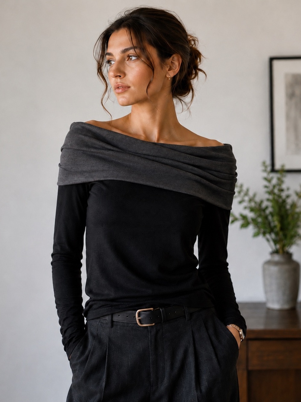 XD Xenia Design Black Off Shoulder Cowl Neck Top Avant Garde Minimalist S